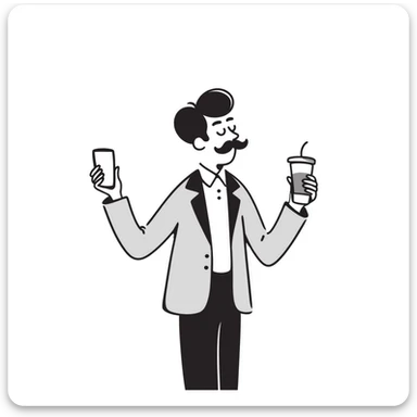 Wall Street finance bro with ridiculous oversized mustache, wearing expensive suit, holding phone and coffee sticker