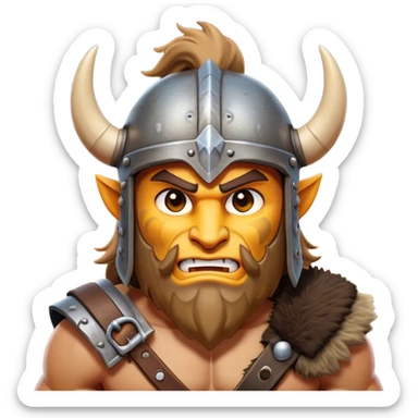 Clash of Clans aesthetic: Cinematic Fierce Barbarian Portrait Emoji, Poised and bold with a rugged yet cartoonish build in tattered furs and a horned helmet, his exposed skin a rich tan, expressive bright eyes and a confident smirk, Simplified yet dynamic features, highly detailed, glowing with a vivid, adventurous aura, high shine, heroic and spirited, stylized with an air of medieval warrior charm, focused and energetic, soft glowing outline, capturing the essence of a fearless barbarian adventurer ready to lead his clan with spirited valor! sticker