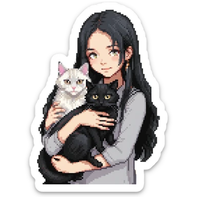 Beautiful girl with long black hair hugs a gray and blond mixed breed cat sticker