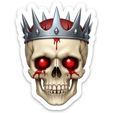 Human skull crowned with iron thorns, blood-soaked, dark medieval gothic sticker