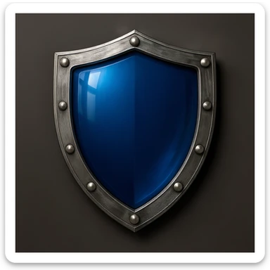 Change the shield to a heater shape, keep the perspective exactly straight forward, very reflective deep blue glass center, metallic border, no background, no symbols, no sword, match the realism and gloss of the reference images. sticker