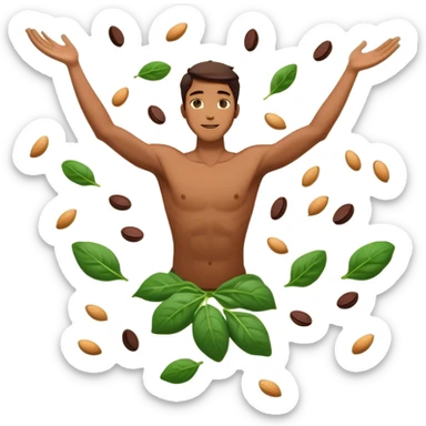 Man floating relaxed in the air with arms spread out, appearing weightless and serene, surrounded by floating pieces of dark chocolate, golden almonds, and green spinach leaves circling around him. The foods emit a subtle glow as they orbit the peaceful floating man. sticker
