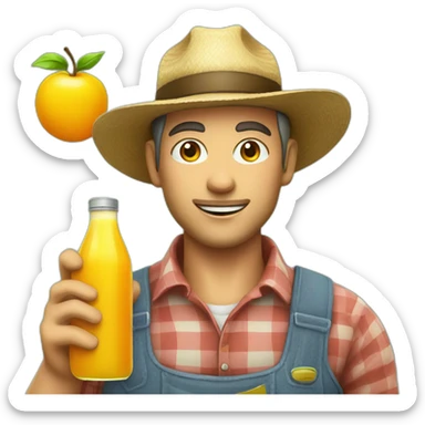 male farmer with hat and juice bottle sticker