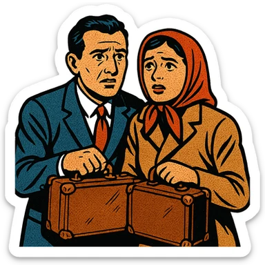 A refugee husband and wife from Eastern Europe in the 1950s both carrying a small old brown suitcase and looking hopeful and worried sticker