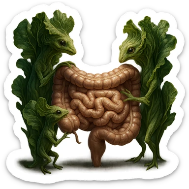 Ultra-realistic 4K illustration: stylized lettuce leaves depicted as plant-like creatures interacting with a human anatomical model of the intestine. The scene is surreal and scientific, with organic textures, refined biological details, dramatic lighting, and a bio-fantasy photorealistic style sticker