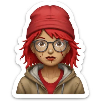 very dirty looking homeless woman with ripped red hat with ugly hair and glassess sticker