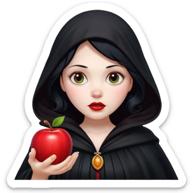 Snow White witch, classic fairytale villain, holding a red apple, dark cloak, mysterious expression sticker