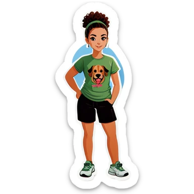 Girl with a burnette curly bun and a sage green T-shirt with a big dog sticker