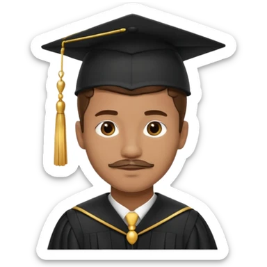 A young man with short brown hair, light brown skin, and a small mustache, wearing a black graduation cap with a gold tassel. sticker