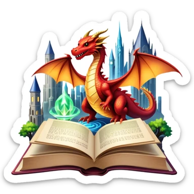 Icon for Fantasy and Science Fiction: a magical book with glowing pages, surrounded by a dragon, a spaceship, a wizard’s staff, and a futuristic cityscape. The icon should capture the adventure, magic, and imagination of fantasy and sci-fi worlds. Transparent background. sticker