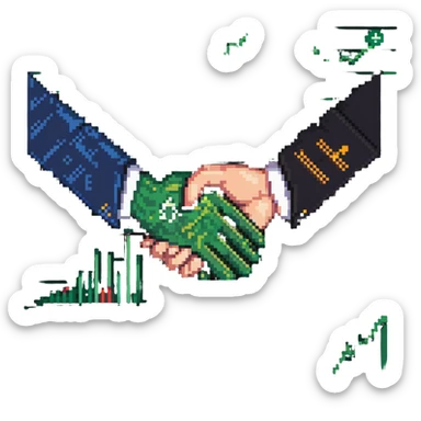 icon representing new economic politics with abstract symbols like currency, graphs, and handshake sticker