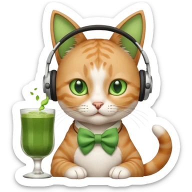 A cat wearing headphones with a glass of matcha, a bow on his ear sticker