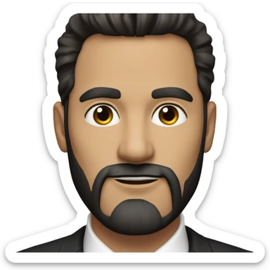 A man in late 30s with dark brown hair and dark brown eyes and a black suit and straight hair to the right and beard sticker