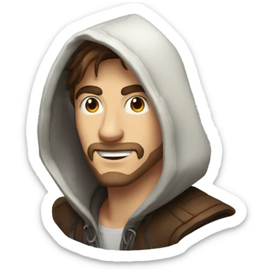 human male rogue with brown hair wearing a hood grinning sneakily sticker