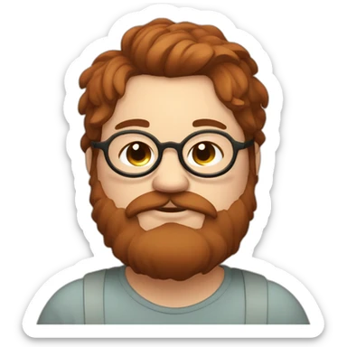 Chubby, non binary, round glasses, attached long brown hair, red and Brown beard, sleepy sticker