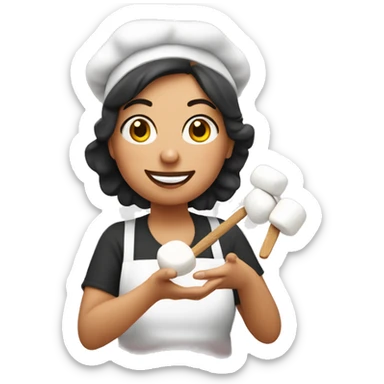 Italian woman looking  holding a marshmallow cooking marshmallows in kitchen sticker