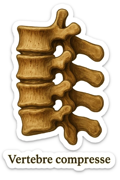 Realistic and cinematic anatomical illustration focusing exclusively on compressed vertebrae in lateral view, no background, clear anatomical details, with captions in Italian, aspect ratio 2:3. sticker