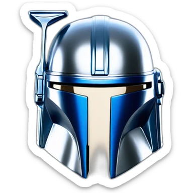 shiny silver king mandalorian helmet with blue sticker