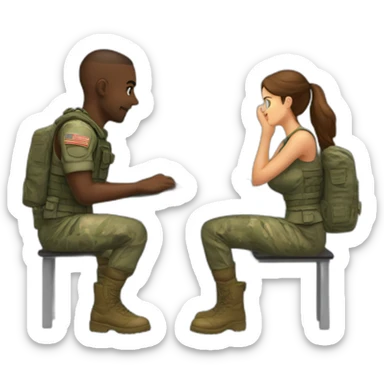 A soldier playing computer game while his non-soldier girlfriend waits for ge sticker