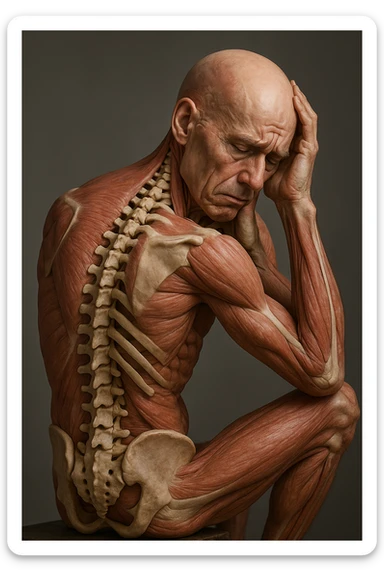 CORPO UMANO ANATOMICO con spina dorsale in evidenza, molto stanca e stressata mentre si tiene le mani sulla testa, IPERREALISTICO 4K sticker
