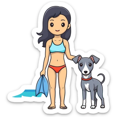 Slim Chinese woman with long black hair in appropriate beach attire at the beach with her completely solid grey Italian greyhound, the dog has absolutely no white markings anywhere, not on face or paws, solid grey color throughout entire body sticker