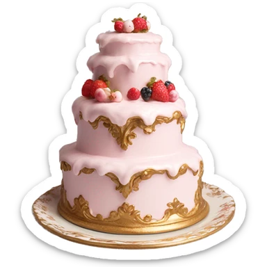 aesthetic vintage rococo cake with white icing, berries on a gold, pale pink, and white ceramic plate stand  sticker