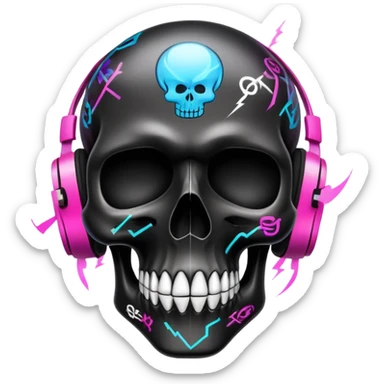 sleek black skull with electric graffiti designs and high-end fashion logos, dramatic three-quarter view sticker