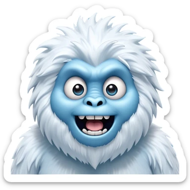 Cinematic Comical Yeti Portrait Emoji, with a cartoonishly exaggerated, fluffy figure in cool, frosty whites and icy blues, head tilted in an overly surprised expression with wide, comically sparkling eyes and a quirky, open-mouthed grin, simplified yet hilariously detailed, glowing with a soft frosty outline capturing the meme-worthy fun of a yeti in playful shock! sticker
