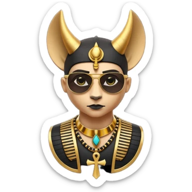 3D cartoon horned character portrait, wearing sunglasses, gothic ancient Egyptian style, pharaoh collar, dark gold and black outfit, ankh symbols, Egyptian jewelry, mysterious expression, soft dramatic lighting, centered, clean background, no text, no watermark sticker