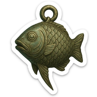 Elden Ring talisman, Green Fish, ancient artifact look, engraved scales, subtle magical aura sticker
