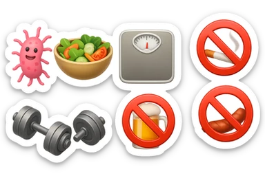 emoji stile iphone di: due batteri intestinali felici, una bowl di insalata, una bilancia pesapersone, manubri da palestra, e un boccale di birra con divieto 3d sopra, una sigaretta con divieto 3d sopra e un wurstel con divieto 3d sopra, fluttuano in aria, iperrealistico 4k sticker