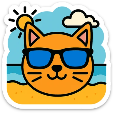 Add a sunny beach background behind the cat wearing sunglasses. sticker