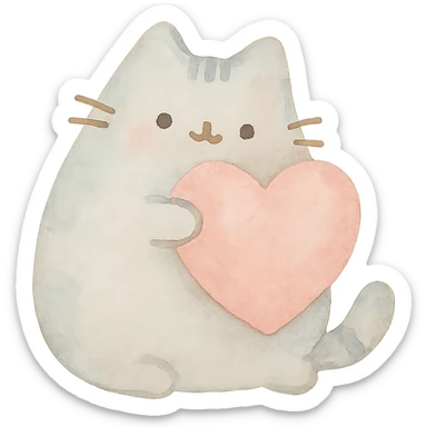 Pusheen hugging a big heart, pastel colors, adorable, watercolor art style sticker
