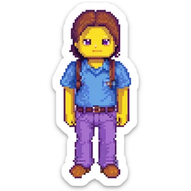 Steve from Minecraft, blocky character with blue shirt and purple pants sticker