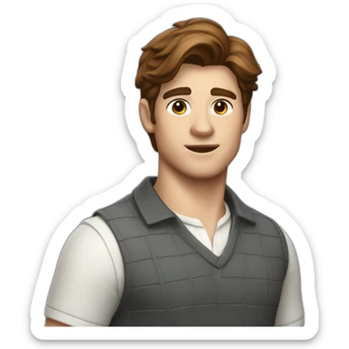 peter Parker with dark hairs and a white polo sticker