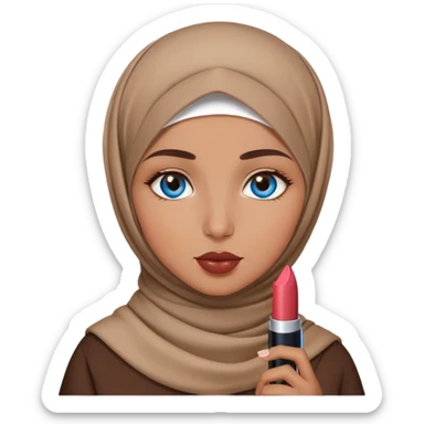 Turkish beautiful finish Konya girl blue eyes with brown beige hijab islamic dress and had on her hand lipstick sticker