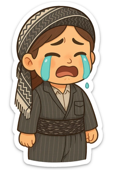 Cartoon Kurdish woman sticker with the same clothes and scarf as the reference image (no changes to clothes and scarf), sad face with crying expression, colorful and cheerful style, no text, suitable for WhatsApp and Instagram, transparent background. sticker