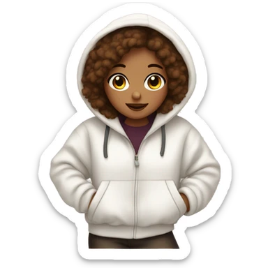 Oversized white fluffy hoodie on a brown haired girl  sticker