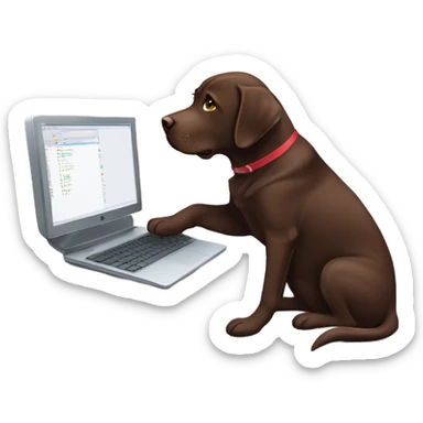 Chocolate lab working on computer sticker