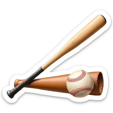 A baseball bat, ball, and glove resting on the ground, set against the backdrop of a baseball field. The scene captures the iconic equipment of the sport, with the field in the distance and a bright sky above, evoking the spirit of the game. sticker
