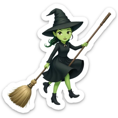 Elphaba, green witch with black hat and long black dress riding a broomstick sticker