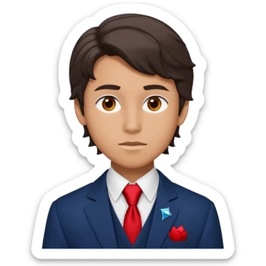 Number Five from "The Umbrella Academy": portrait of slim 16 yo teen (face, neck, shoulders, chest) in sarcastic pose, oval face with high cheekbones, gray eyes, dark brown wavy side-swept hair. Uniform: dark blue blazer with red trim, white shirt, black tie, diamond vest. sticker