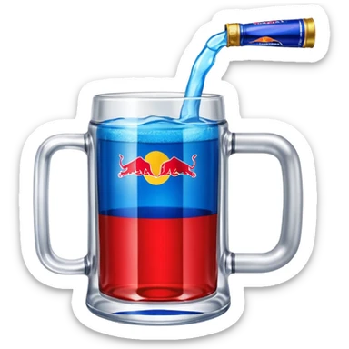 Large clear glass mug similar to beer stein with bright blue liquid inside. Put an upside down redbull can sticking out of the top of the mug sticker