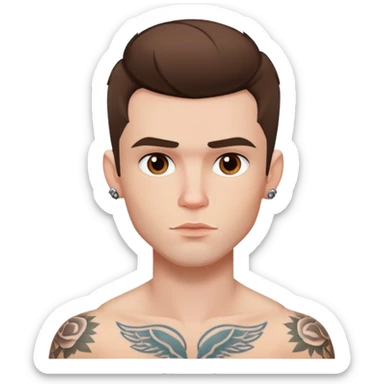 pretty handsome adult bratz man, short brown hair, brown eyes, pale skin, defined jawline, has tattoos sticker