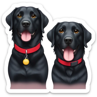 2 happy adult black labradors side by side, bigger one with red collar, other with light blue collar sticker