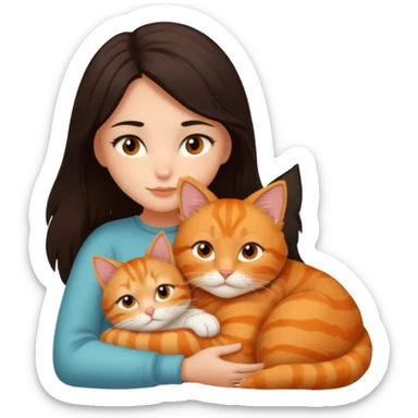 dark-black-brown-hair-to-shoulder girl with brown eyes snuggled with orange tabby cat sticker