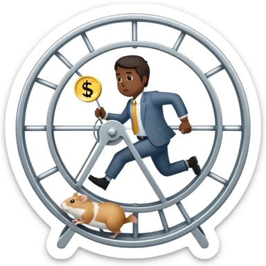 Create an emoji of a tired, overworked entrepreneur running on a hamster wheel, chasing a floating dollar sign or a bag of money. The character has dark circles under their eyes, looks exhausted, and appears stuck in an endless cycle. The hamster wheel represents constant struggle, while the money is always just out of reach. The style should be clean and easily recognizable as an emoji

 sticker