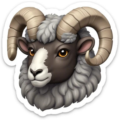 Cinematic Noble Ram Portrait Emoji, Poised and regal, with a sturdy, powerful build and a thick, woolly grey fur adorned with impressively curled horns, deep-set soulful dark eyes, Simplified yet sharp and sophisticated features, highly detailed, glowing with a soft, dignified glow, high shine, intelligent and commanding, stylized with an air of rugged majesty, focused and attentive, soft glowing outline, capturing the essence of a watchful and confident ram, so majestic it feels as though it could charge out of the screen with effortless authority! sticker