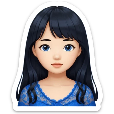 Long hair asian girl with curtain bangs with a blue lace top on with GG written sticker