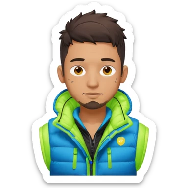 Cyberpunk street adult, hispanic, male, messy undercut, puffer vest over hoodie, glowing earpiece, light stubble, brown eyes, neon reflections, headshot sticker